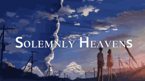 A Poster For Solemnly Heavens Shows A Man And A Woman Standing In Front Of A Cloudy Sky GIF