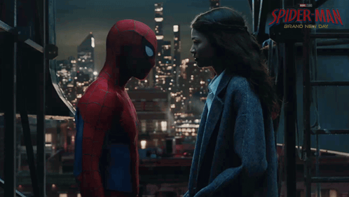 A Poster For Spider-Man Brand New Day Shows A Man And A Woman Looking At Each Other GIF