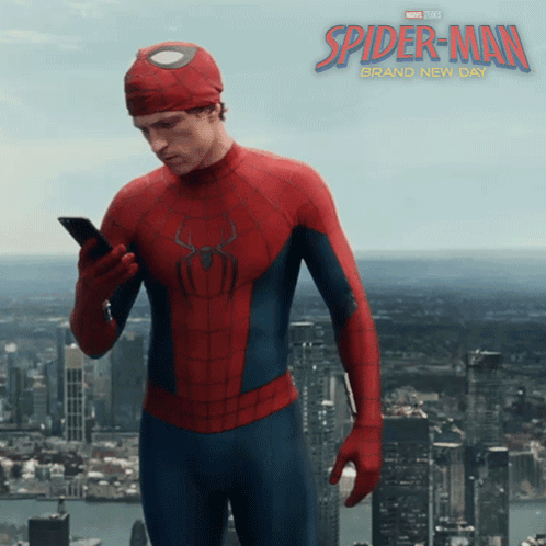 a poster for spider-man brand new day shows a man in a spiderman suit looking at his phone