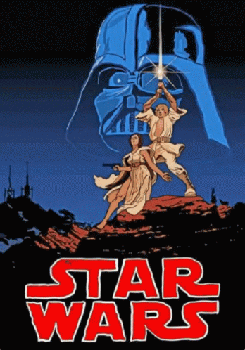 A Poster For Star Wars Shows A Man And A Woman Holding Lightsabers GIF