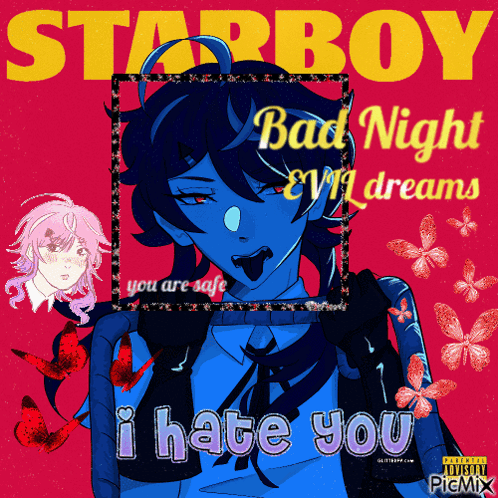 A Poster For Starboy Bad Night Evil Dreams With A Blue Anime Character GIF
