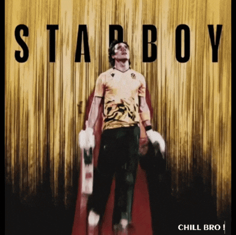 A Poster For Starboy Shows A Man In A Cape Holding A Cricket Bat GIF