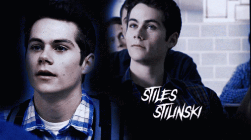 A Poster For Stiles Stilinski Shows A Man In A Blue Plaid Shirt GIF
