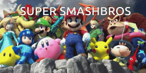 A Poster For Super Smash Bros Shows A Group Of Cartoon Characters GIF