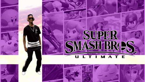 A Poster For Super Smash Bros Ultimate With A Man Standing In The Middle GIF