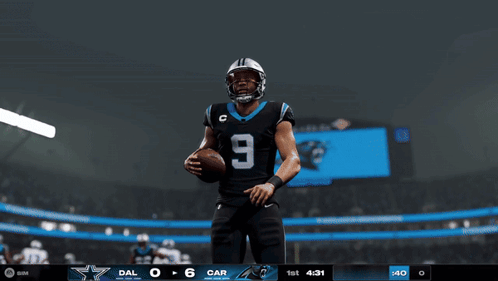 A Poster For The Carolina Panthers Touchdown With A Football Player GIF