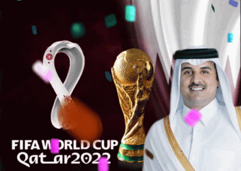 A Poster For The Fifa World Cup Qatar 2022 Shows A Man Holding A Trophy GIF