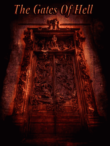 a poster for the gates of hell shows a person 's eyes coming out of a doorway