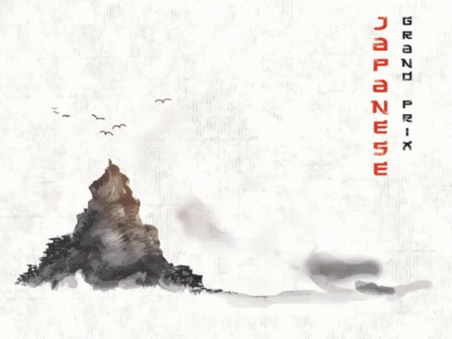 A Poster For The Grand Prix Of Japan With A Mountain And A Car GIF