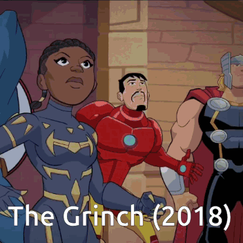 A Poster For The Grinch Shows A Group Of Superheros Standing Next To Each Other GIF
