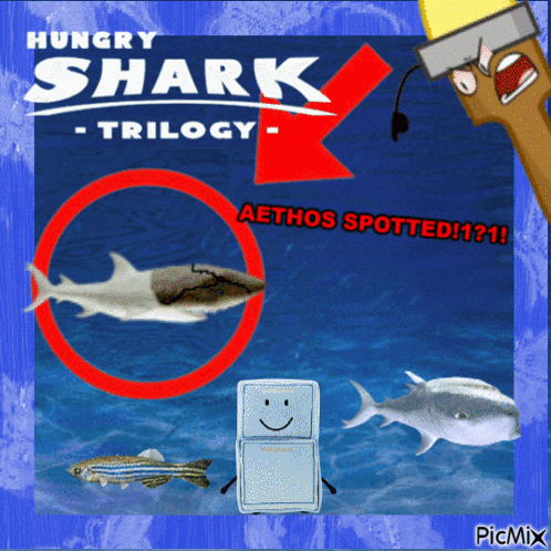 A Poster For The Hungry Shark Trilogy Shows Sharks And A Fridge GIF
