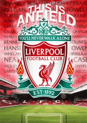 A Poster For The Liverpool Football Club With A Stadium In The Background GIF