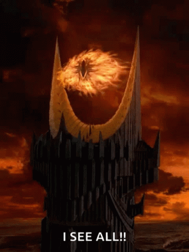 A Poster For The Lord Of The Rings Shows A Tower With A Burning Eye And The Words " I See All " GIF