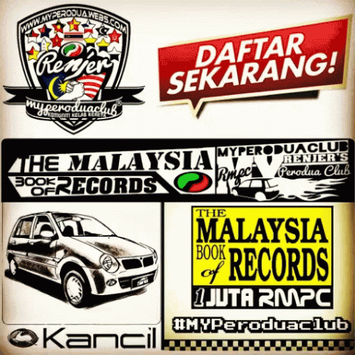 A Poster For The Malaysia Book Of Records With A Car On It GIF