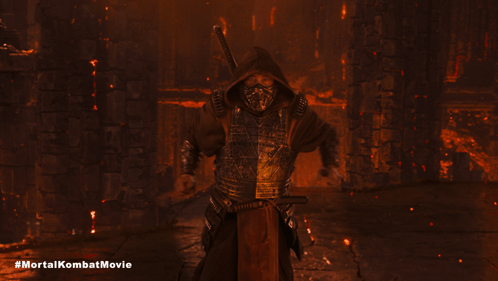 A Poster For The Mortal Kombat Movie Shows A Samurai With A Mask On GIF