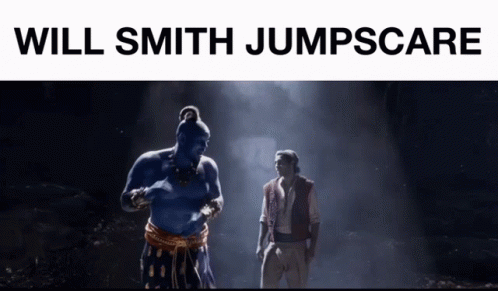 A Poster For The Movie Aladdin With A Blue Genie And A Man GIF
