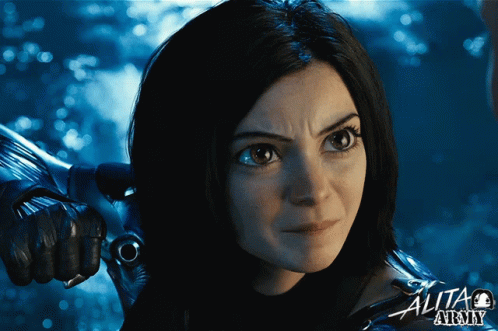 A Poster For The Movie Alita Army Shows A Woman Holding A Sword GIF