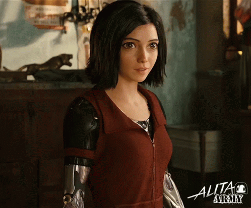 A Poster For The Movie Alita Army With A Woman In A Red Jacket GIF