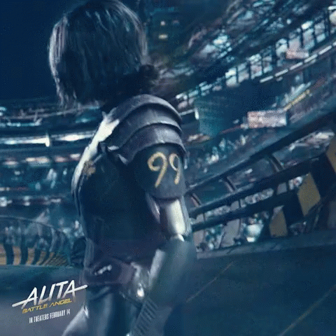 A Poster For The Movie Alita Battle Angel Shows A Woman In Armor GIF