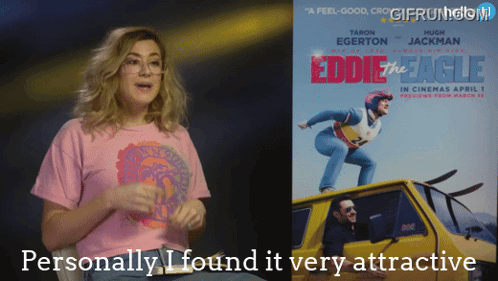 a poster for the movie eddie the eagle shows a woman in a pink shirt