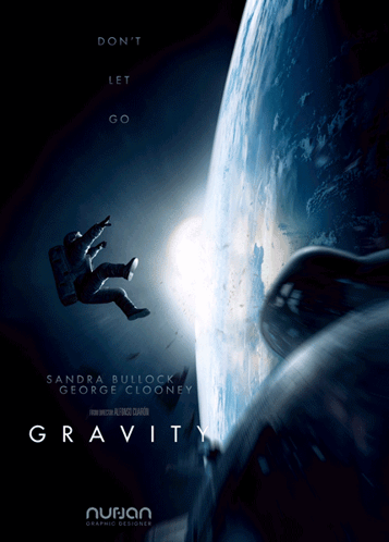 A Poster For The Movie Gravity With Sandra Bullock And George Clooney On It GIF