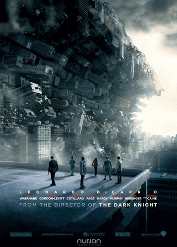 A Poster For The Movie Inception Shows A Group Of People Standing On Top Of A Building GIF