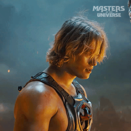 A Poster For The Movie Masters Of The Universe Shows A Man With Long Hair GIF