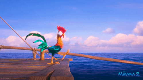 A Poster For The Movie Moana 2 Shows A Rooster On A Boat GIF