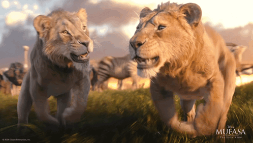 A Poster For The Movie Mufasa The Lion King Shows Two Lions GIF