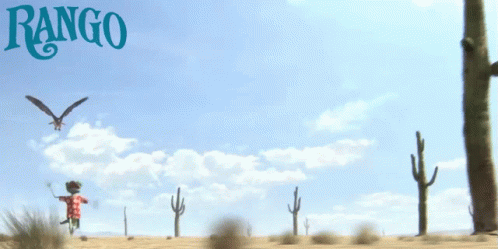 A Poster For The Movie Rango Shows A Man Flying Through The Air GIF