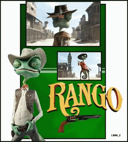 A Poster For The Movie Rango With A Lizard In A Cowboy Outfit GIF