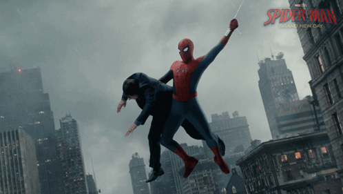 A Poster For The Movie Spider-Man Shows A Man Being Thrown In The Air GIF
