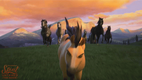 A Poster For The Movie Spirit Untamed Shows A Herd Of Horses Running In A Grassy Field GIF