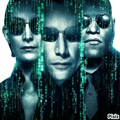 a poster for the movie the matrix shows a woman a man and a woman wearing sunglasses