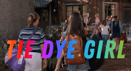 A Poster For The Movie Tie Dye Girl Shows A Group Of Girls Walking In Front Of A House GIF