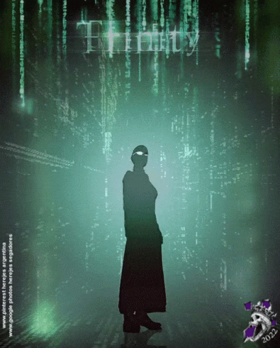 A Poster For The Movie Trinity With A Silhouette Of A Man GIF