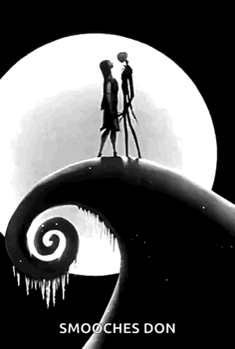 A Poster For The Nightmare Before Christmas Shows Jack And Sally Kissing In Front Of The Moon . GIF