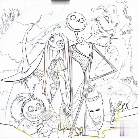 A Poster For The Nightmare Before Christmas Shows Jack Skellington And Sally Standing Next To Each Other GIF