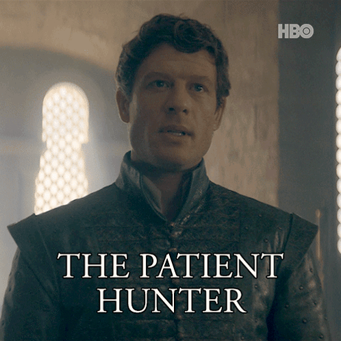 A Poster For The Patient Hunter With A Man In A Leather Jacket GIF