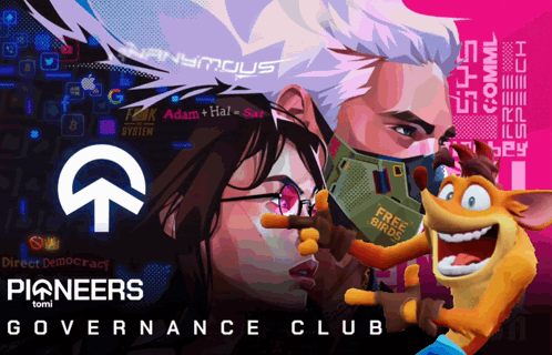 A Poster For The Pioneers Governance Club Shows A Man And Woman GIF