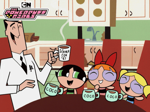 A Poster For The Powerpuff Girls Shows A Man Holding Up A Cup That Says Science Con 1987 GIF