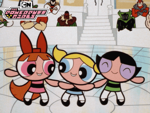 A Poster For The Powerpuff Girls Shows Three Girls Dancing GIF