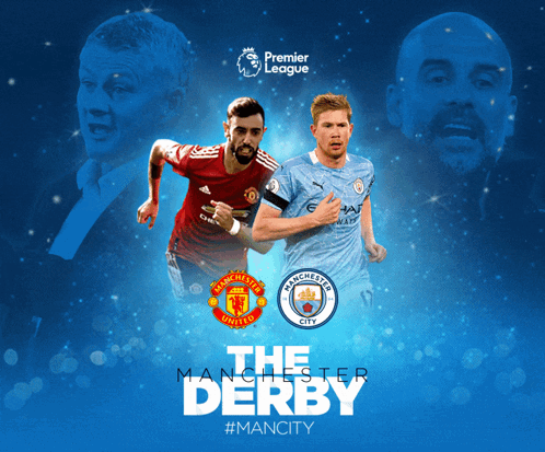 A Poster For The Premier League Derby Featuring Manchester United And City GIF