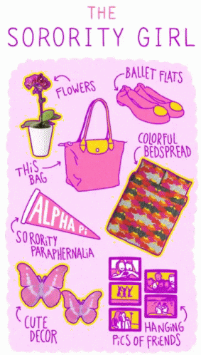 A Poster For The Sorority Girl Includes Flowers Ballet Flats And Colorful Bedspreads GIF