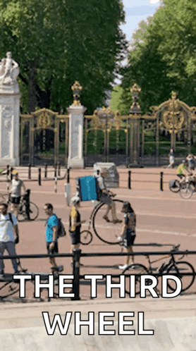 A Poster For The Third Wheel Shows A Group Of People Walking And Riding Bikes GIF