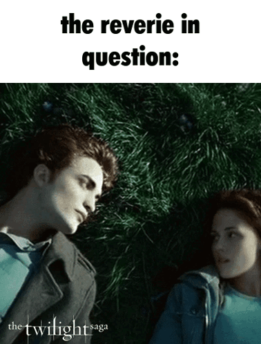 A Poster For The Twilight Saga Shows A Man And A Woman Laying On The Grass GIF