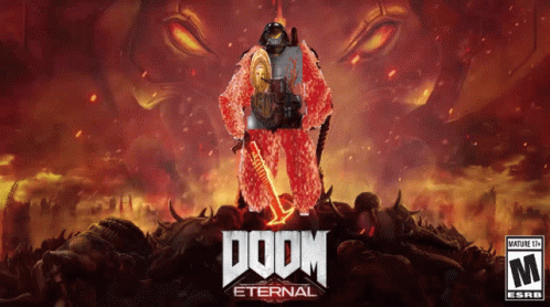 A Poster For The Video Game Doom Eternal Shows A Monster With A Sword GIF