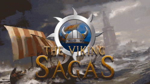 A Poster For The Viking Sagas Shows A Ship In The Ocean GIF