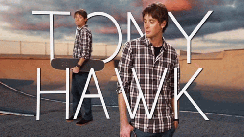 A Poster For Tony Hawk Shows A Man Holding A Skateboard In Front Of A Skate Park GIF