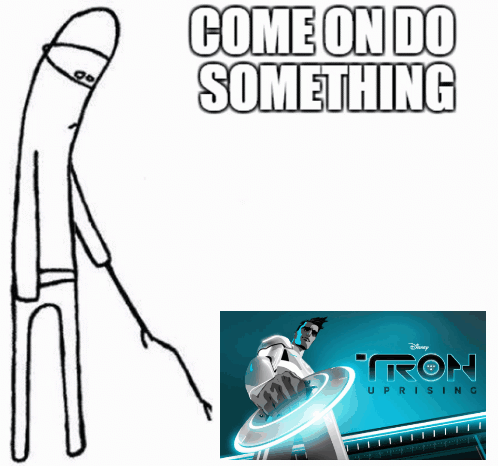 A Poster For Tron Uprising Shows A Cartoon Character Pointing GIF